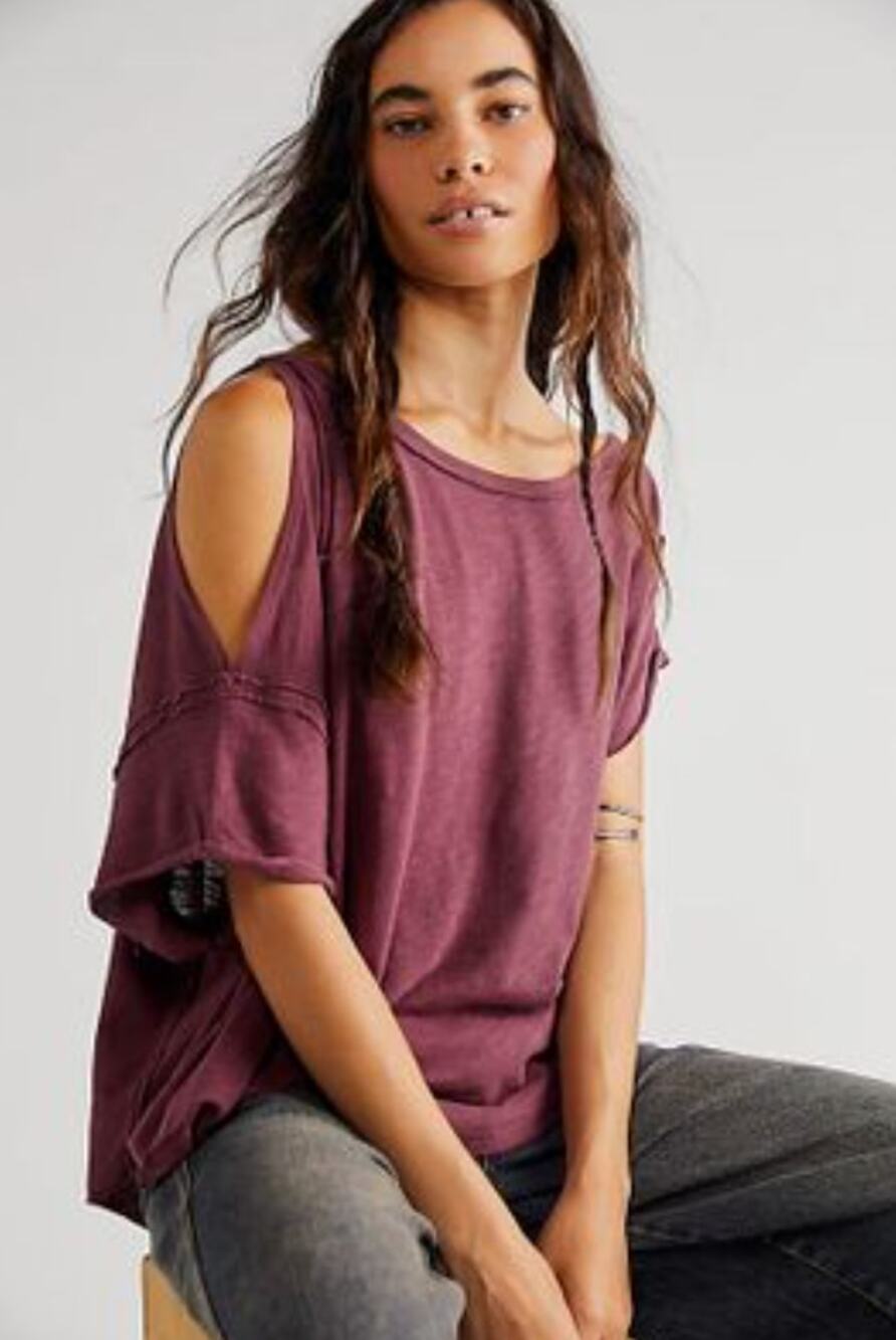 We the Free People Bittersweet Cold Shoulder Short Sleeve Top Dark Purple M Med